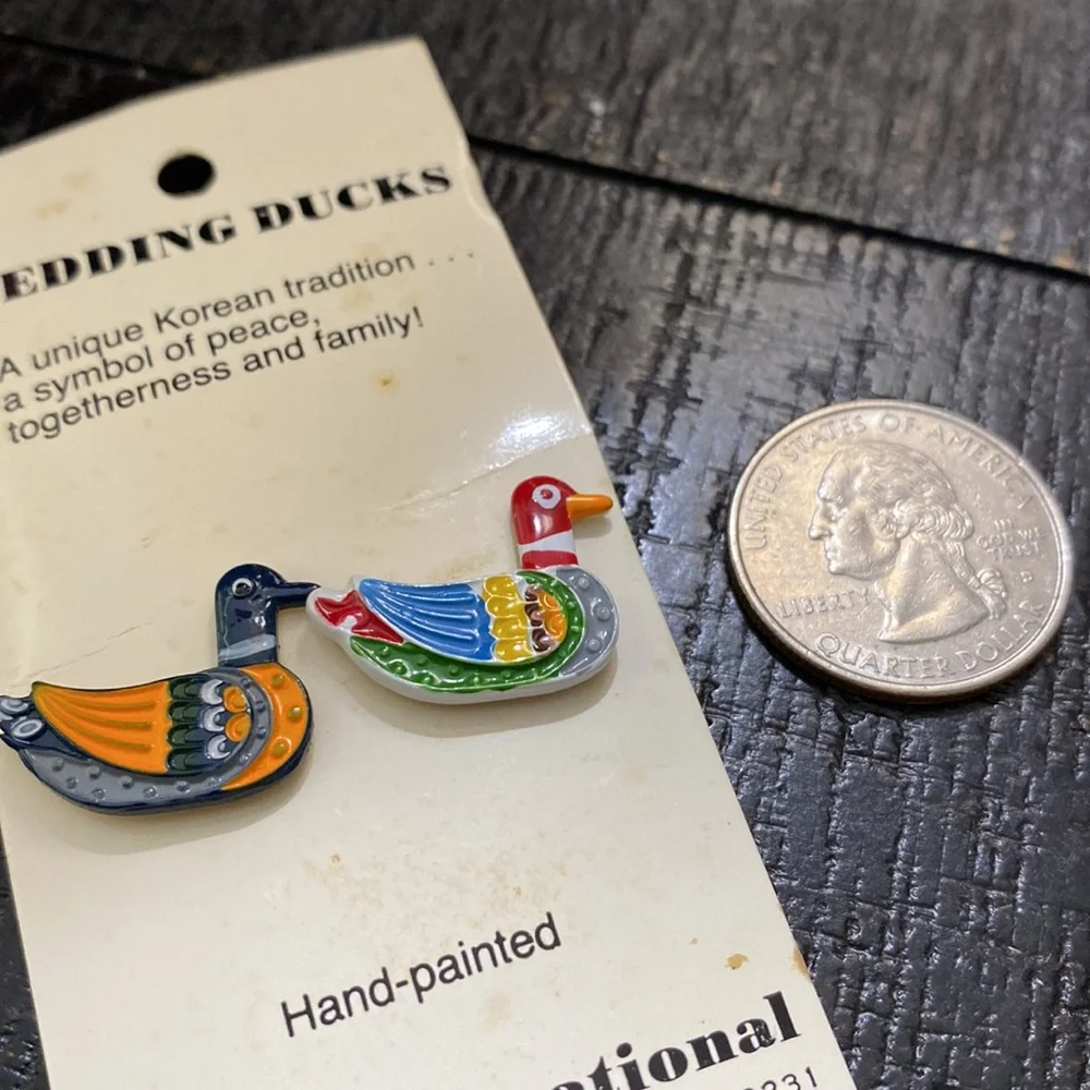 HOBO Mid-Late 1980’s Korean Hand-Painted Wedding Ducks Buttons - Blue & Red!